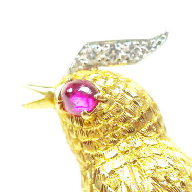 bird on branch 18k yellow gold diamond ruby brooch