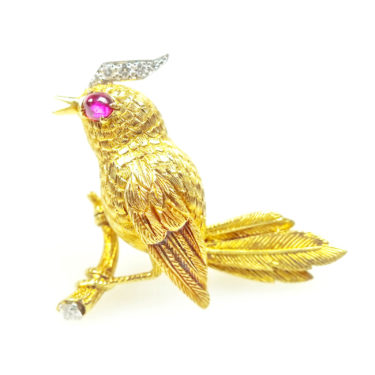 bird on branch 18k yellow gold diamond ruby brooch