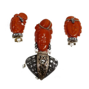 Antique Coral Brooch & Earring Suite