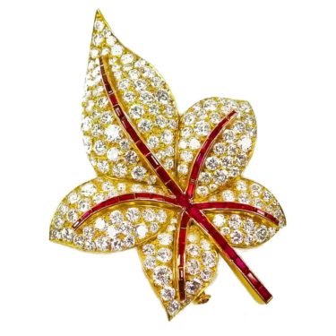 yellow leaf diamond ruby brooch