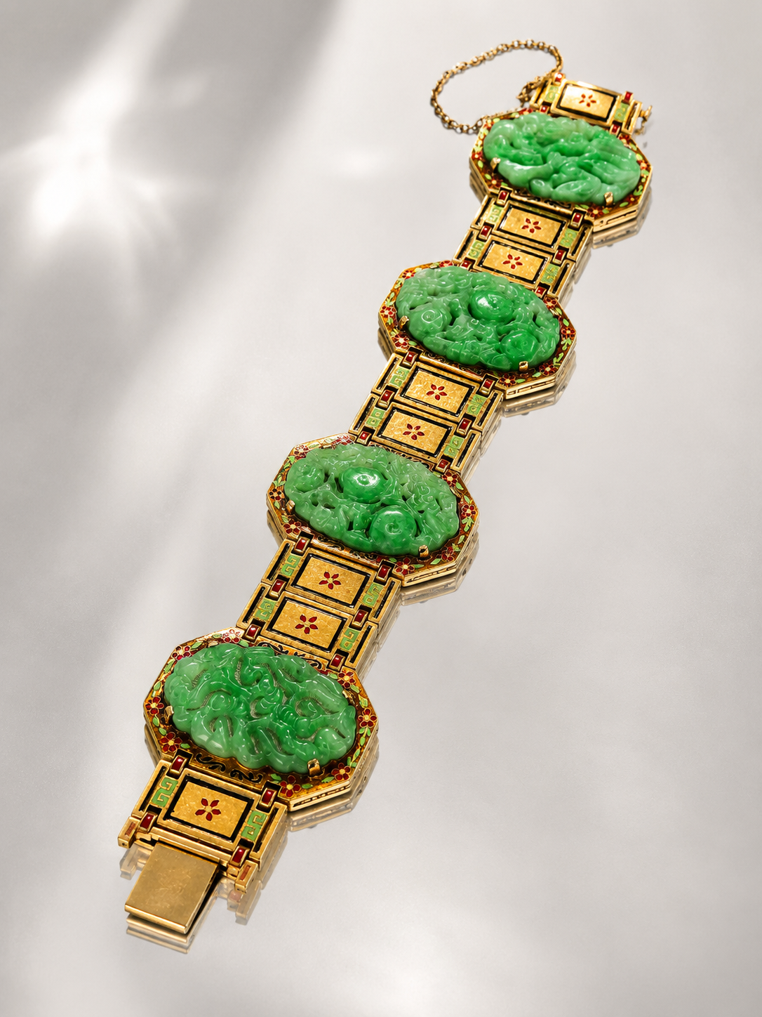 Shapur Exceptional Natural Carved Jadeite Jade Bracelet Art Deco