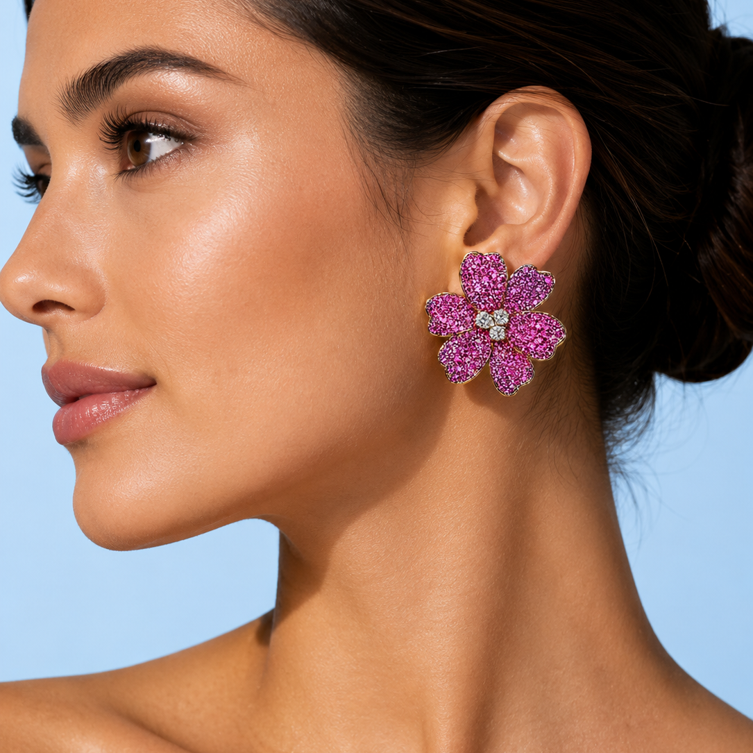 Exceptional Shapur Pink Sapphire & Diamond Floral Earrings
