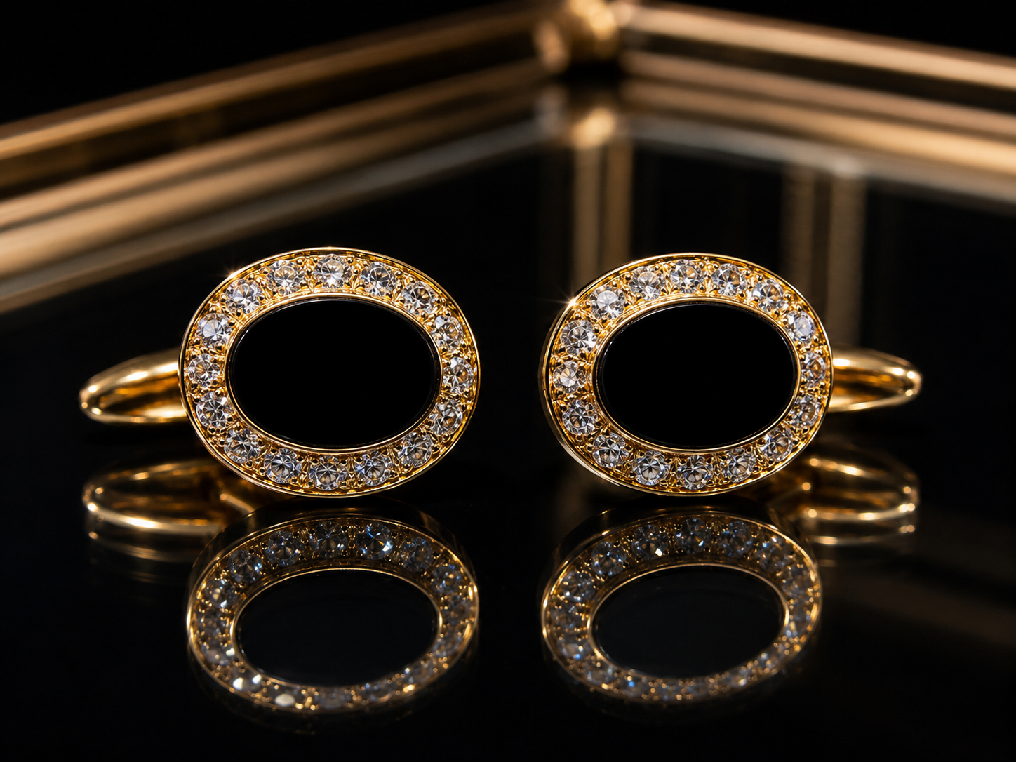 18K Yellow Gold Diamond & Black Oynx Cufflinks