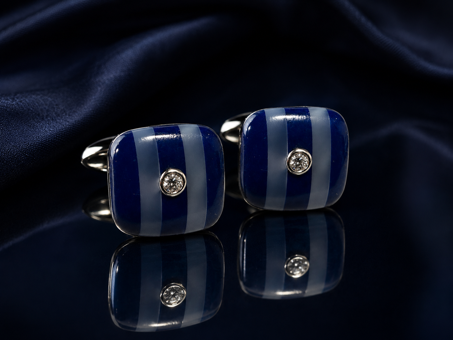 18K White Gold Diamond & Enamel Cufflinks