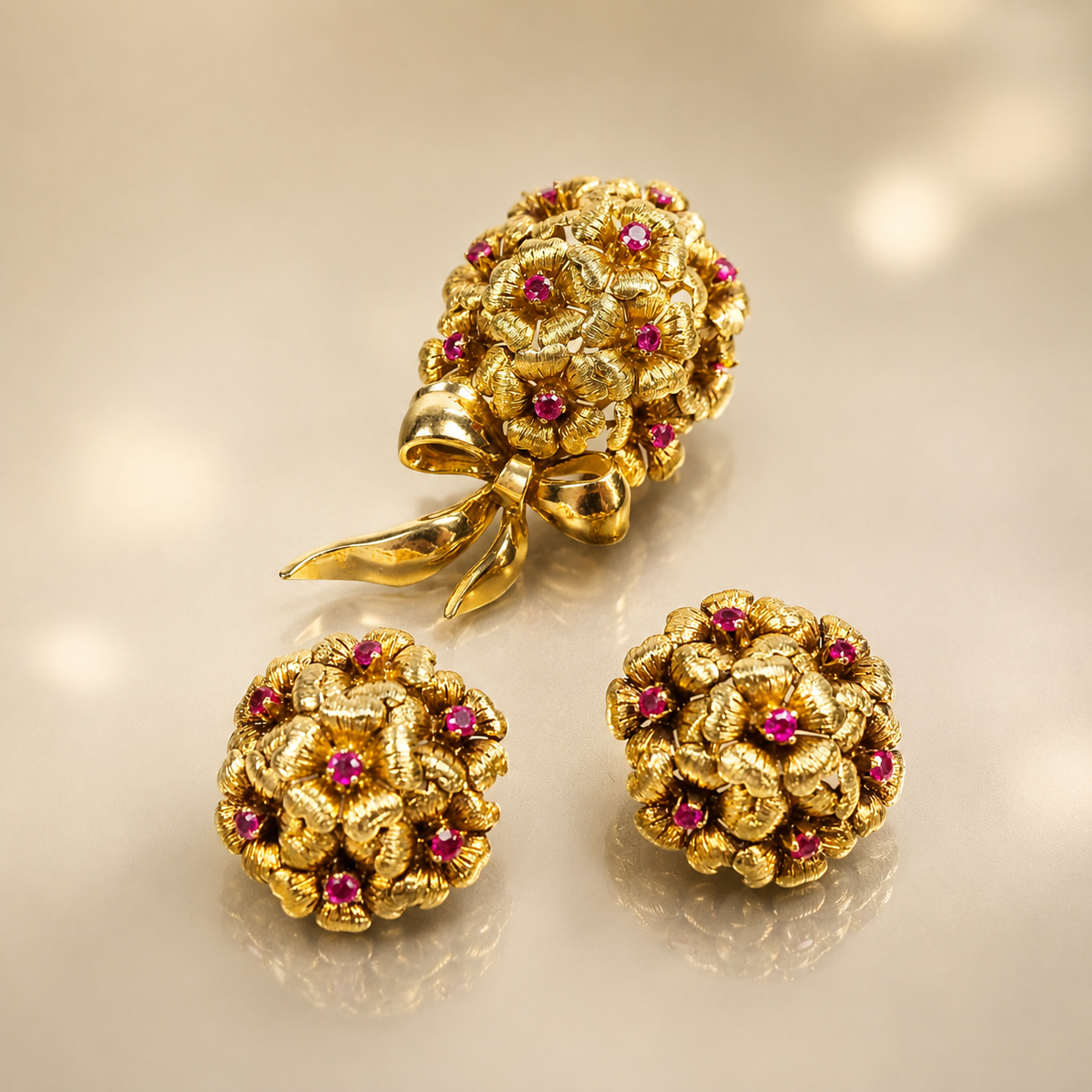 Ruby & Gold Brooch & Earring Suite by Tiffany & Co Circa 1970's