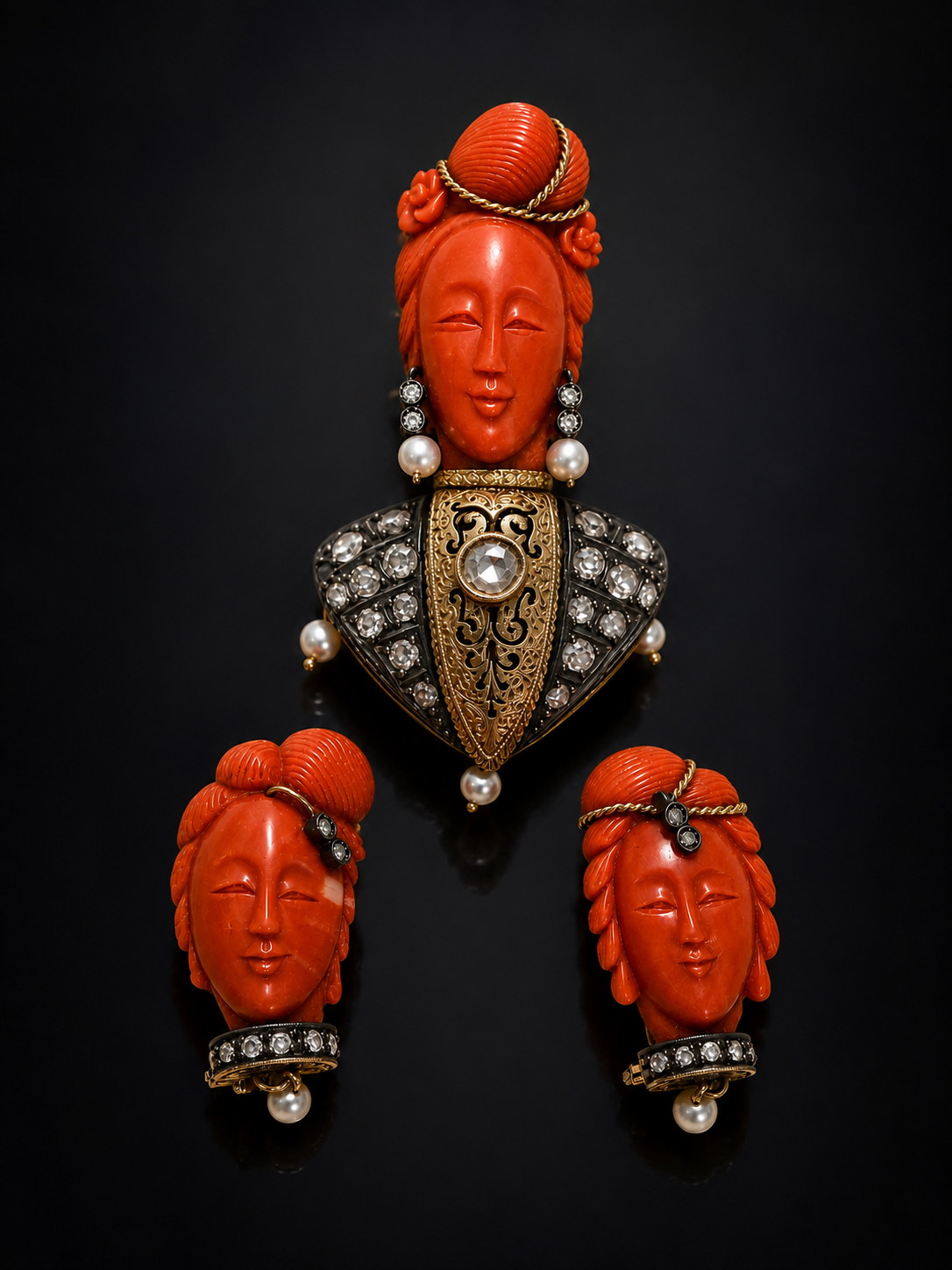 Natural Coral, Diamond & Pearl Brooch & Earring Suite