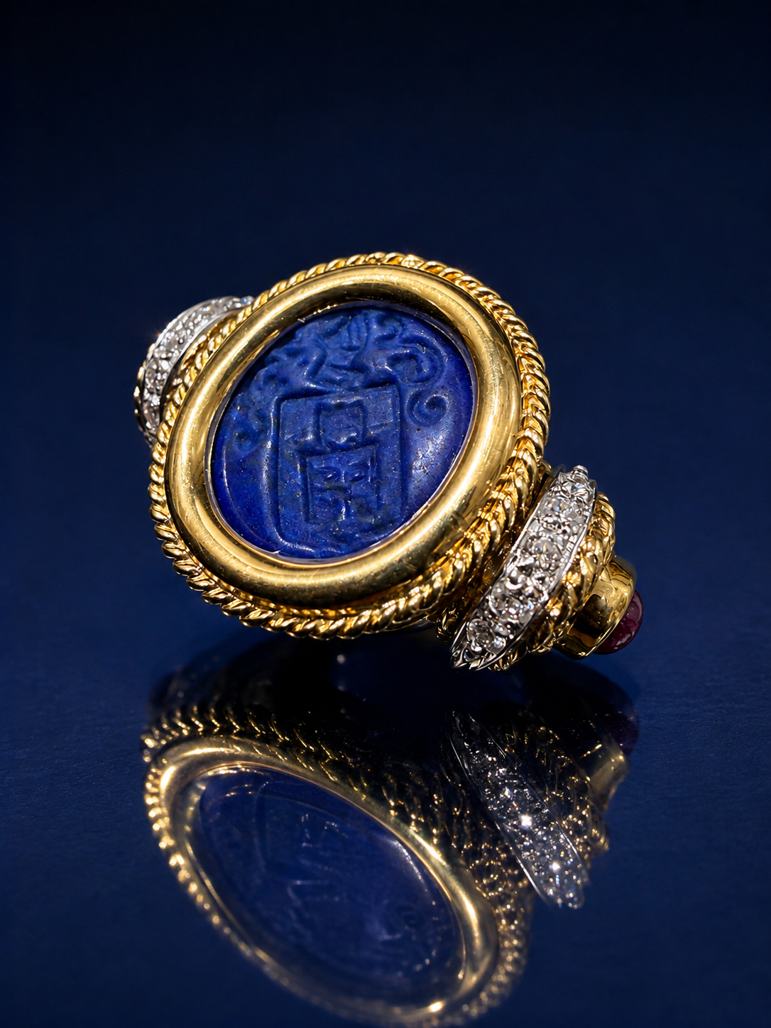 18K Yellow Gold Carved Afghanistan Lapis Lazuli with Diamonds Ring