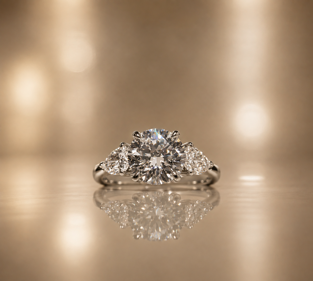 Round Brilliant Cut Diamond Ring flanked by two pear shaped diamonds