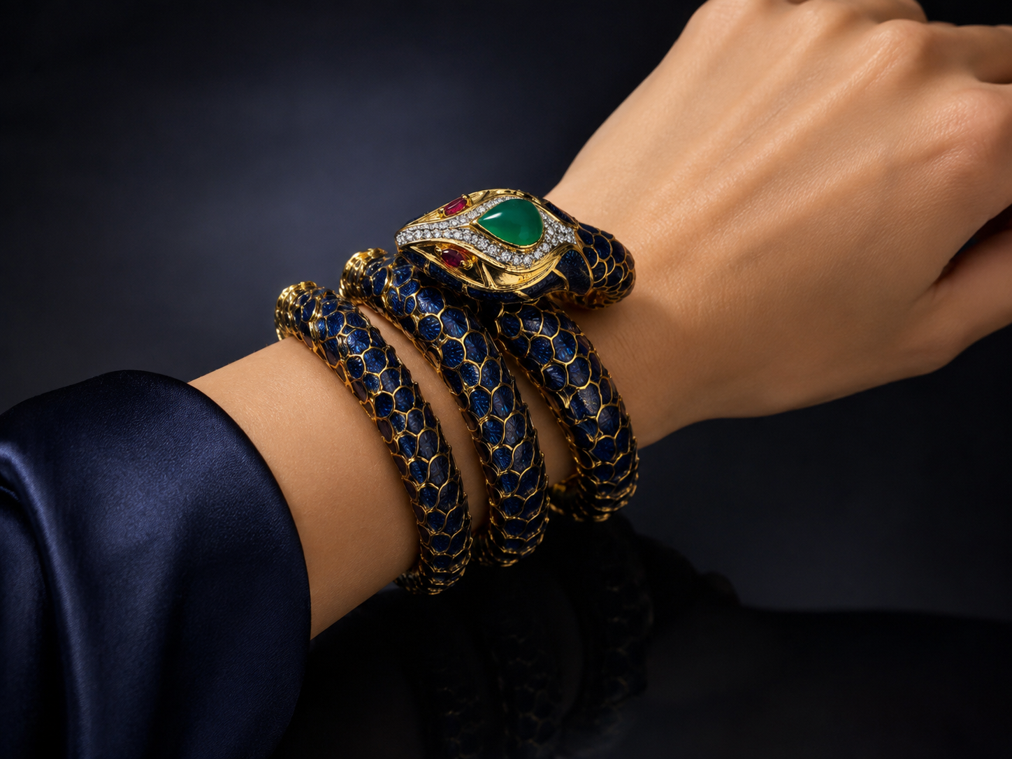 Exceptional Enameled Snake Bangle Bracelet