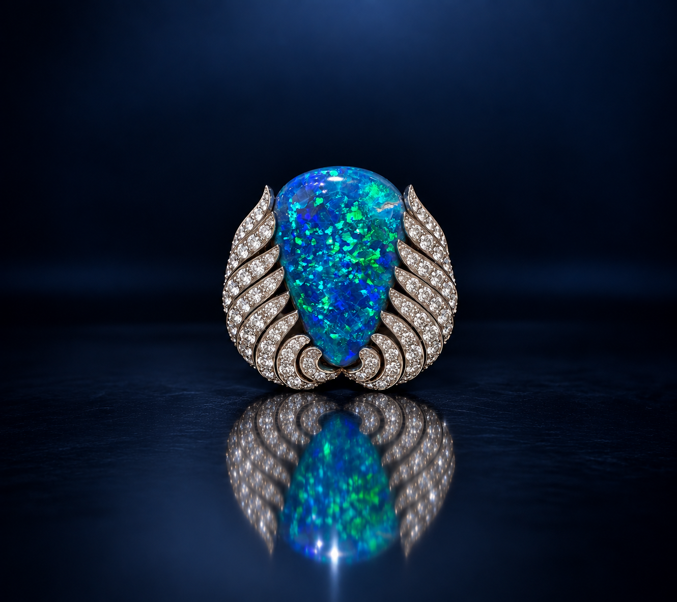 Magnificent Australian Black Opal & Diamond Brooch